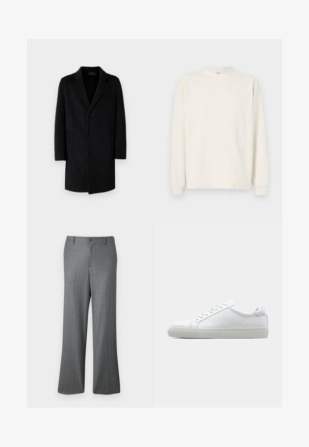 Schwarzer Wollmantel mit Reverskragen, Fünf-Knopf-Verschluss, seitlichen Taschen und gerader Silhouette mit langen Ärmeln.; Langarm, geripptes Strickoberteil in Off-White mit Rundhalsausschnitt und enganliegenden Bündchen, das eine lockere Silhouette bietet.; Grau gestreifte Hose mit lockerem Schnitt, ausgestattet mit einem Knopfverschluss, Gürtelschlaufen und dezenten hellblauen Streifen.; Weißer Sneaker mit glattem Lederobermaterial und niedrigem Profil. Verfügt über eine runde Zehenpartie, sechs Ösen und eine strukturierte Gummisohle.