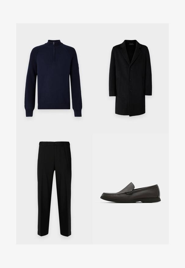 Črni volneni plašč z izrezanim ovratnikom, zapiranjem na pet gumbov, stranskimi žepe in ravnim krojem z dolgimi rokavi.; Mornarsko modri pleten pulover z visokim ovratnikom in pol-zadrgo, ki ima rebraste manšete in spodnji rob.; Črne hlače iz gladkega materiala, s ravnim krojem, dvema sprednjima žepoma in zadrgo s gumbom.; Temno rjavi usnjeni loafers s zaobljenim toe, subtilnimi šivi in nizkim gumijastim podplatom. Gladka tekstura z fleksibilnim prileganjem.