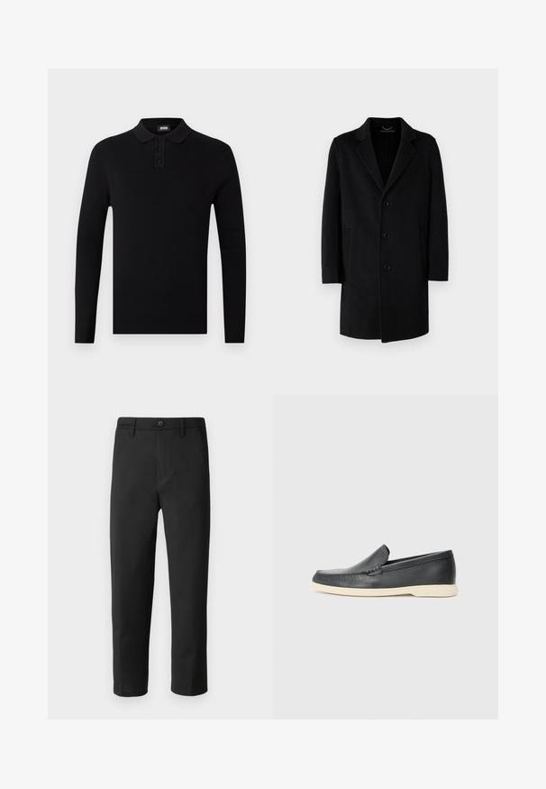 Schwarzer Wollmantel mit Reverskragen, Fünf-Knopf-Verschluss, seitlichen Taschen und gerader Silhouette mit langen Ärmeln.; Schwarzes Langarm-Polohemd mit gerippter Textur, Drei-Knopf-Leiste und weichem Kragen. Einfaches und vielseitiges Design.; Schwarze Hose mit geradem Schnitt, aus glattem Stoff gefertigt. Verfügt über einen Knopfverschluss und Gürtelschlaufen. Keine sichtbaren Muster oder Akzente.; Schwarze Leder-Slipper mit strukturiertem Finish und einer kontrastierenden beige Gummisohle. Mit einem dezenten Akzent an der Vorderseite.