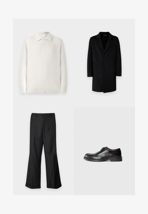 Manteau en laine noir avec col cranté, fermeture à cinq boutons, poches latérales et silhouette droite avec des manches longues.; Pull polo en tricot beige clair avec texture côtelée, un col et deux boutons. Présente des manches longues et un ourlet ajusté.; Pantalons noirs à jambes larges avec taille boutonnée et ourlets retroussés, présentés sur un arrière-plan blanc uni.; Chaussure de ville en cuir noir avec un bout arrondi, surface lisse, détails en dentelle et une semelle en caoutchouc texturée basse. Lignes épurées et design minimal.