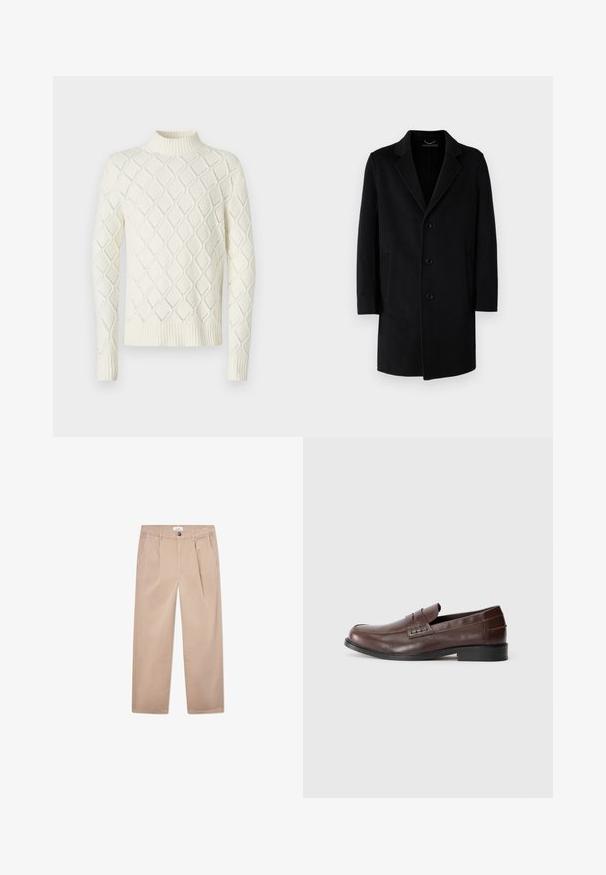 Črni volneni plašč z izrezanim ovratnikom, zapiranjem na pet gumbov, stranskimi žepe in ravnim krojem z dolgimi rokavi.; Kremasti pulover z visokim ovratnikom, ki se ponaša z izrezljanim diamantnim pletenim vzorcem ter rebrastimi manšetami in spodnjim delom. Mehka tekstura, dolgi rokavi.; Khaki hlače iz bombaža s ravnim krojem, ki vključujejo dve sprednji žepu, gumbasto zapiranje in klasičen kroj.; Rjavi usnjeni loafersi z gladko površino, zaobljenim nosom in nizko črno peto. Imajo okrasno pasovko v slogu penny. Stranski pogled.