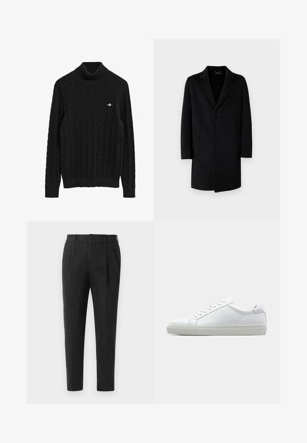 Czarny wełniany płaszcz z klapami, pięcioma guzikami z przodu, bocznymi kieszeniami oraz prostym krojem i długim rękawem.; Czarny sweter z golfem w splot zazębiony, z prążkowanymi mankietami i dołem. Posiada teksturowany wzór oraz małe logo na piersi.; Czarne zwężane spodnie o gładkiej fakturze, z elastycznym pasem, zapięciem na guzik i fałdami z przodu, zaprojektowane dla dopasowanego wyglądu.; Białe sneakersy z gładką skórzaną cholewką i niskim profilem. Posiadają okrągły nos, sześć dziurek na sznurówki oraz teksturowaną gumową podeszwę.