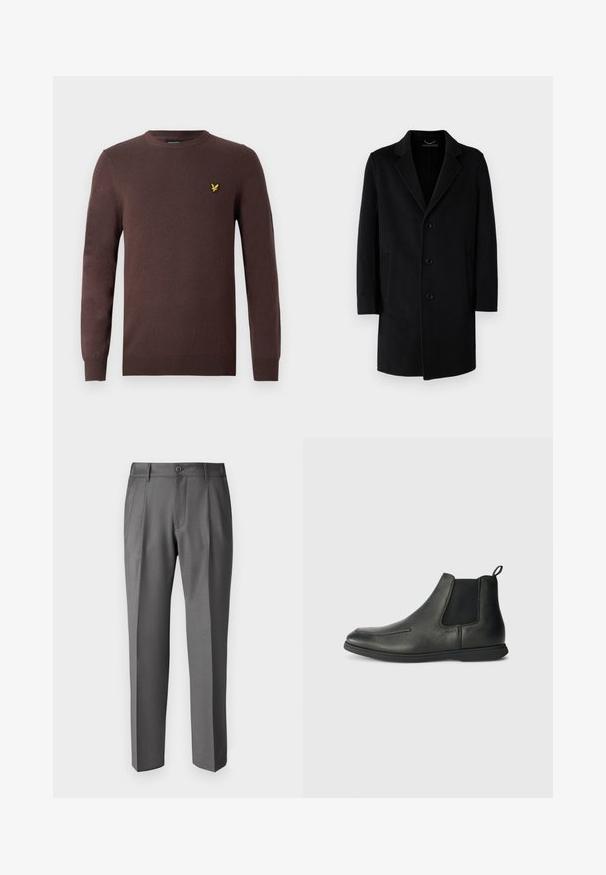 Cappotto nero in lana con colletto a rever, chiusura a cinque bottoni, tasche laterali e silhouette dritta con maniche lunghe.; Maglione marrone realizzato in morbido tessuto a maglia, con scollo rotondo e maniche lunghe. Accento ricamato di un uccellino giallo sul petto.; DRYKORN LEEK - Pantaloni - grey; Stivaletti in pelle nera con una texture liscia, pannelli laterali elastici e una linguetta sul retro. Punta rotonda e suola in gomma.