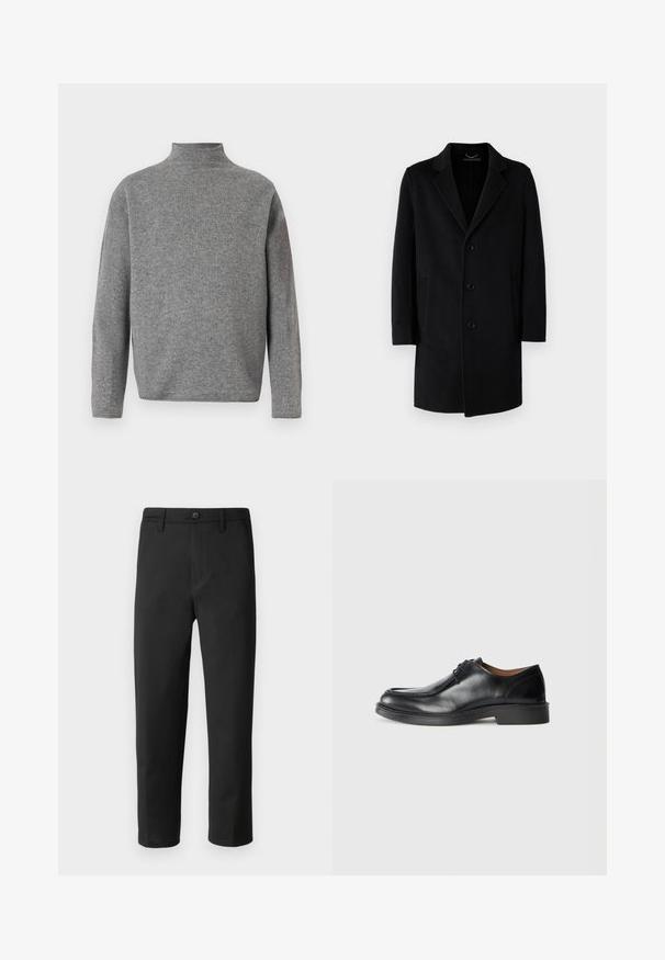 Palton negru din lână, cu guler tăiat, închidere cu cinci nasturi, buzunare laterale și o siluetă dreaptă cu mâneci lungi.; Pulover gri cu guler înalt, cu mâneci lungi, realizat dintr-un material tricotat moale. Are o croială boxy și detalii cu dantelă pe guler.; Pantaloni negri cu o croială dreaptă, fabricați dintr-un material neted. Prezintă un închidere cu nasture și bucle pentru curea. Fără modele sau accente vizibile.; Pantof black din piele cu vârf rotunjit, suprafață netedă, accente cu șireturi și o talpă joasă din cauciuc texturat. Linii curate și un design minimalist.