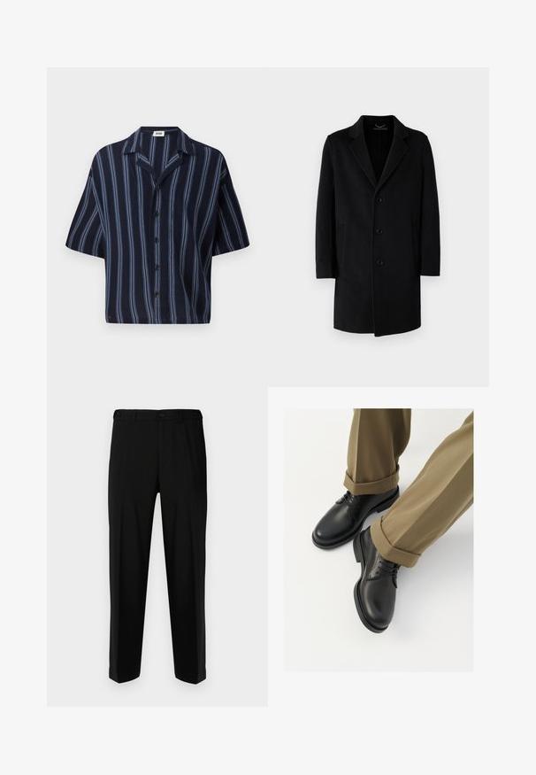 Zwarte wollen jas met een notch-kraag, vijfknops sluiting, zijzakken en een rechte pasvorm met lange mouwen.; Korte mouwen overhemd met knopen, gekenmerkt door een marineblauwe achtergrond met verticale lichtblauwe strepen en een klassiek kraagontwerp.; Zwarte broek van gladde stof, met een rechte snit, twee voorzakken en een ritssluiting met knoopsluiting.; Zwarte leren brogues met een gladde afwerking, voorzien van veters en een ronde neus, gecombineerd met opgerolde khaki broek.