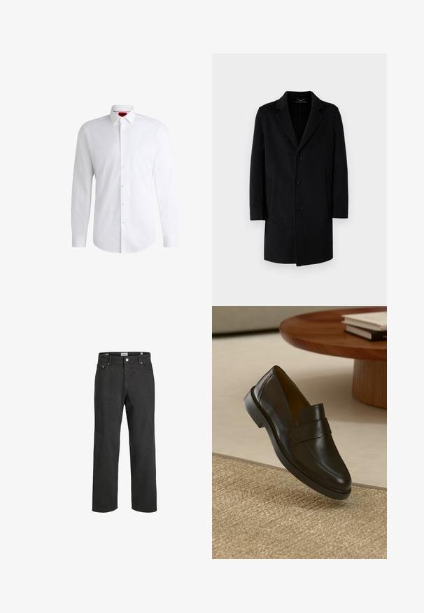 Zwarte wollen jas met een notch-kraag, vijfknops sluiting, zijzakken en een rechte pasvorm met lange mouwen.; Witte overhemden van soepel materiaal met een klassieke kraag, lange mouwen en een afgeronde zoom. Voorzien van beige knopen aan de voorkant.; Zwarte rechte jeans van katoen, met een klassieke vijf-pocketontwerp, knoopsluiting en subtiele stiksels.; Zwarte leren loafers met een gladde afwerking, een ronde neus en een decoratieve band over de bovenkant. Lage rubberen hak, geplaatst tegen een gestructureerde ondergrond.