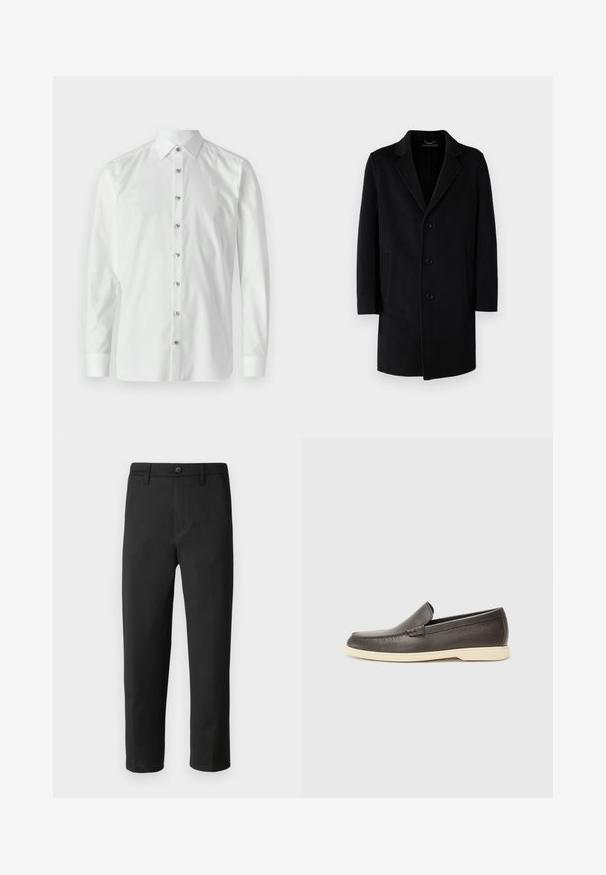 Črni volneni plašč z izrezanim ovratnikom, zapiranjem na pet gumbov, stranskimi žepe in ravnim krojem z dolgimi rokavi.; Bela srajca z dolgimi rokavi iz gladkega blaga s koničastimi ovratniki. Ima polno gumbno zadrgo z kovinskimi gumbi in gumbi na manšetah.; Črne hlače s ravnim krojem, izdelane iz gladkega materiala. Imajo gumbe za zapiranje in zanke za pas. Brez vidnih vzorcev ali dodatkov.; Rjav usnjeni čevlji za enostavno obuvanje z grobim površjem in kontrastnim svetlobezžnim podplatom, s zaobljenim nosom in minimalnimi šivi.