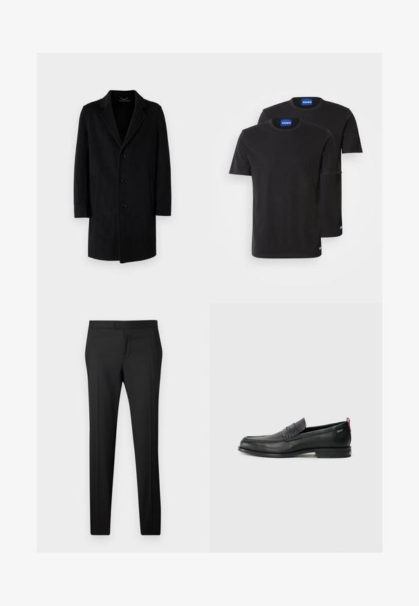 Black wool coat featuring a notched collar, five-button closure, side pockets, and a straight silhouette with long sleeves.; Two black cotton T-shirts with round necklines, short sleeves, and blue "HUGO" labels on the collars and side hems.; Black tailored trousers with a straight fit, made from smooth fabric. Features a flat front, belt loops, and no visible patterns or embellishments.; Black leather loafers with a textured front panel and smooth sides. Features a slim heel and rear loop for easy wear. Classic design.