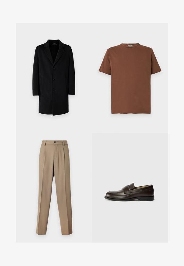 Must musträtik, millel on lõikelapp, viie nupuga kinnitus, küljekotid ja sirge siluett pikkade varrukatega.; Pruunist puuvillast T-särk, millel on ümmargune kaelus ja lühikesed varrukad. Kanga tekstuur on sile ja disain on tavapärase lõikega.; Beeži ülikonnatriiksid lameda esiosa, struktureeritud vöökoha ja ühe nupuga kinnitusega. Kangas on sile ja kergelt tekstureeritud.; Calvin Klein Jalga libistatavad jalanõud - cocoa brown