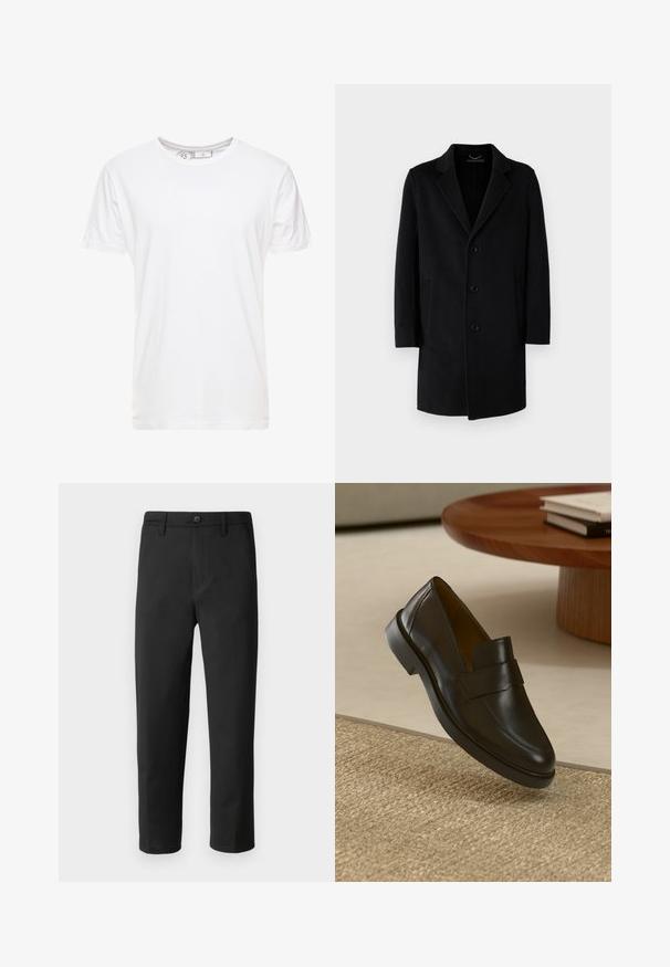 Black wool coat featuring a notched collar, five-button closure, side pockets, and a straight silhouette with long sleeves.; White organic cotton T-shirt with a crew neckline, short sleeves, and a relaxed fit. Label visible inside collar, no patterns or logos.; Black trousers with a straight cut, made from smooth fabric. Features a button closure and belt loops. No visible patterns or accents.; Black leather loafer with a smooth finish, a rounded toe, and a decorative strap across the upper. Low rubber heel, set against a textured surface.