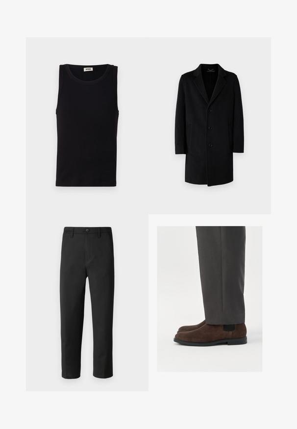 Zwarte wollen jas met een notch-kraag, vijfknops sluiting, zijzakken en een rechte pasvorm met lange mouwen.; Zwart mouwloos tanktop gemaakt van zachte katoen. Heeft een ronde halslijn en een rechte snit, met minimale stikdetails.; Zwarte broek met een rechte snit, gemaakt van gladde stof. Voorzien van een knoopsluiting en riemlussen. Geen zichtbare patronen of accenten.; Bruine suède enkelboots met elastische zijpanelen, gedragen met grijze broek. Heeft een ronde neus en een platte rubberen zool.