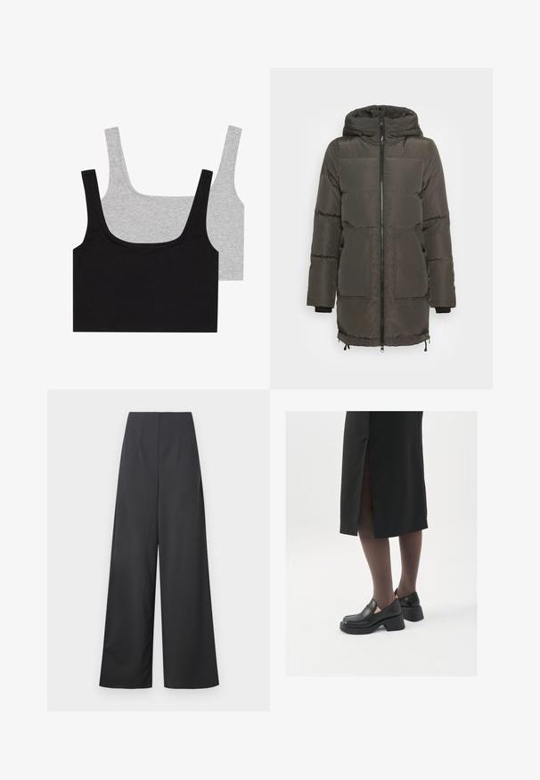 Vero Moda VMOSLO NOOS - Down coat - peat; Two cotton blend tank tops: one black and one grey, both with ribbed texture and wide straps, featuring a scoop neckline and comfortable fit.; High-waisted, wide-leg trousers in dark gray fabric with a smooth texture. Features no visible pockets or embellishments.; Black leather shoes with a rounded toe, thick block heel, and elastic side accents, paired with dark tights and a black skirt with a slit.