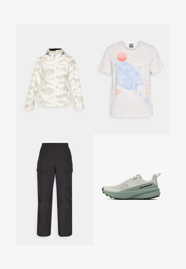 Biała kurtka z jasnoszarym abstrakcyjnym wzorem, na zamek błyskawiczny, z regulowanym kapturem i kieszeniami bocznymi. Wykonana z miękkiego, teksturowanego materiału.; Biała bawełniana koszulka z niebieskimi wzorami konturowymi i czerwoną grafiką słońca, z czerwonymi detalami tekstowymi na przodzie. Krótkie rękawy, okrągły dekolt.; Czarne spodnie cargo wykonane z trwałego materiału, z wieloma bocznymi kieszeniami, z zapięciem na guzik oraz luźnym krojem z prostymi nogawkami.; Jasnoszare buty sportowe z miętowozielonymi akcentami, z teksturowanym łożyskowym wierzchem, masywną podeszwą i czarną podeszwą zewnętrzną. Logo widoczne po boku.