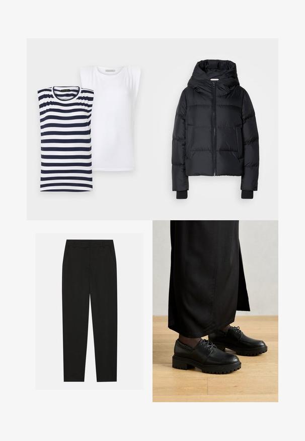 Crna podstavljena jakna s kapuljačom, prednjim patentnim zatvaračem i elastičnim manžetama. Glatka tekstura s horizontalnim quilting detaljima.; Dva ženska topa: jedan prugasti u tamnoplavoj i bijeloj boji, a drugi potpuno bijel. Oboje imaju okrugli izrez i kratke rukave, napravljeni su od mekanog pamučnog materijala.; Crne hlače s krojem po mjeri, s bočnim džepovima i ravnim nogavicama. Izrađene od glatkog, laganog materijala s elegantnim završetkom.; Crne kožne cipele s okruglim vrhom, debelim gumennim potplatom i vezicama. Dizajn sadrži dekorativne šavove duž gornjišta.