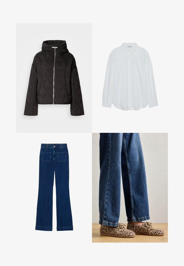 Svart quiltet jakke med hette, med glidelås foran og en puffy tekstur. Designet med en løs passform og side lommer.; Hvit langermet skjorte med knapper laget av et glatt stoff, med klassisk krage, to frontlommer og rynkede mansjetter.; Jeans i mørkeblå denim med vide ben, glatt tekstur, fem lommer og knappland i midjen.; Loafers med leopardmønster laget av semsket skinn, med rund tå, snøring, og flate, fleksible såler, kombinert med blå denimjeans.