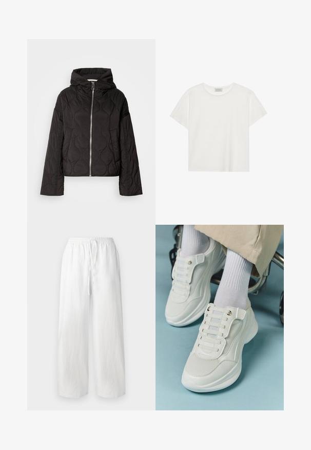 Black quilted jacket with a hood, featuring a front zipper and puffy texture. Designed with a loose fit and side pockets.; White short-sleeve T-shirt made of soft cotton. Features a round neckline and relaxed fit. Clean design with no visible patterns or accents.; White wide-leg trousers with an elastic waistband and drawstring. Made of lightweight fabric with a smooth texture. No patterns or accents.; White sneakers featuring a mesh material, rubber sole, lace-free design with elastic bands, and gold-toned accents.