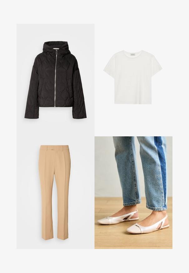 Černá prošívaná bunda s kapucí, s předním zipem a nadýchanou texturou. Navržena s volným střihem a bočními kapsami.; Bílé tričko s krátkým rukávem vyrobené z měkké bavlny. Má kulatý výstřih a volný střih. Čistý design bez viditelných vzorů nebo akcentů.; Béžové kalhoty s rovnými nohavicemi, které mají dva přední skladby, plochý přední design a hladkou, lehkou látku.; Světle růžové slingback baleríny s špičatou špičkou, vyrobené z hladkého koženému materiálu. Obsahují vystřihovací detaily po stranách a plochý podpatek.