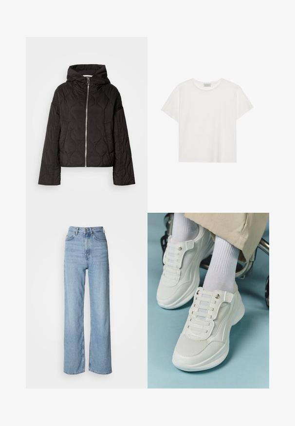 Black quilted jacket with a hood, featuring a front zipper and puffy texture. Designed with a loose fit and side pockets.; White short-sleeve T-shirt made of soft cotton. Features a round neckline and relaxed fit. Clean design with no visible patterns or accents.; Light blue high-waisted jeans with a straight leg, made of denim, featuring a front button closure and subtle fading details.; White sneakers featuring a mesh material, rubber sole, lace-free design with elastic bands, and gold-toned accents.