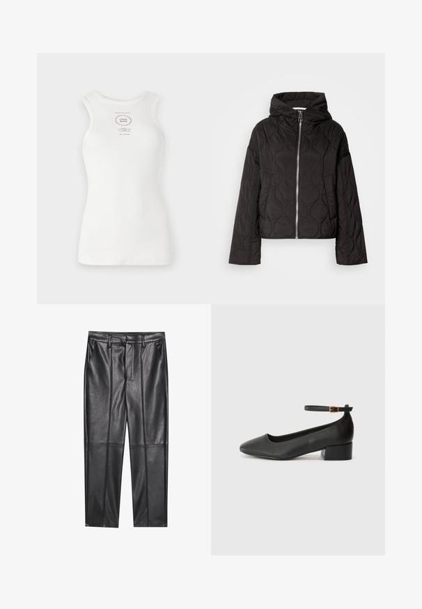 Mustat vanutettu takki huppuineen, jossa on edessä vetoketju ja pörröinen pinta. Suunniteltu löysäksi ja sivutaskuilla.; Valkoinen hihaton toppi, jossa on istuva muotoilu, röyhelöinen pinta ja ympyrän muotoinen painettu logo keskellä, mustilla tekstityksillä.; Musta nahkahousut, joissa on sileä pinta, suora leikkaus, kaksi etutaskua ja näkyvät saumat.; Mustat nahkakengät, joissa on terävä kärki ja matala lohkare korko. Varustettu nilkkahihnalla, jossa on kultasävyinen solki. Lisää sileä pinta.