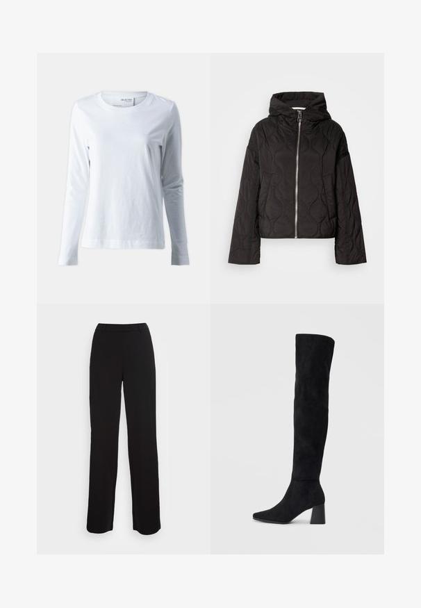 Mustmust musttakk, millel on kapuuts, esipakk ja paks tekstuur. Disainiga, millel on lõtv istuvus ja küljetaskud.; Valge pika varrukaga T-särk, mis on valmistatud pehmest puuvillast. Omab ümmargust kaelust ja liibuvaid varrukaid. Sile tekstuur ja lihtne disain.; Mustad mustad püksid sirge lõikega, sile tekstuur ja hästi istuv vöökoht. Omavad esi-taskuid ja minimaalset õmblusdetaili.; Must must ümberpööratud musta nahast põlve kõrgune saapad blokknõelaga, terava varbaga ja sujuva, õmblusteta disainiga, asetatud heledale taustale.