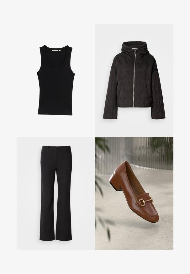 Melna izšūta jaka ar kapuci, ar priekšējo rāvējslēdzēju un pūkainu tekstūru. Izstrādāta ar brīvu piegriezumu un sānu kabatām.; Melnas bezmuguras blūzes augšdaļa, izgatavota no ribotas auduma, ar apaļu izgriezumu un platām plecu siksnām. Nav redzamu rakstu vai akcentu.; Melni kokvilnas auduma bikses ar taisnu kāju dizainu, priekšējo pogu aizdari un divām sānu kabatām. Gluda tekstūra, bez redzamām rakstu zīmēm.; Brūni lakoti ādas loaferi ar kvadrātu purngalu, metālisku ķēdes akcentu un zemu blokveida papēdi; gluda tekstūra, minimālisma dizains.