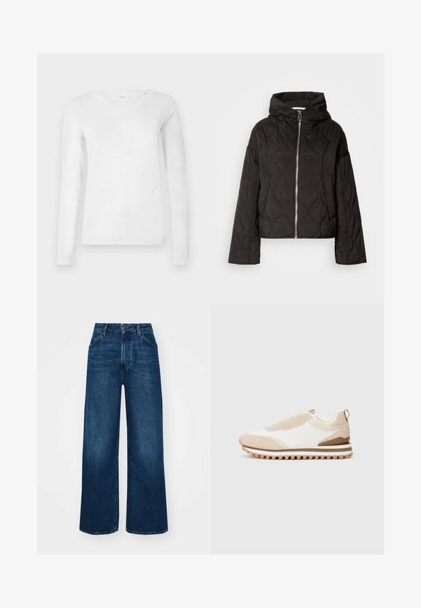 Čierna prešívaná bunda s kapucňou, so zipsom vpredu a nadýchanou textúrou. Navrhnutá s voľným strihom a bočnými vreckami.; Biela dámska bavlnená tričko s dlhým rukávom a okrúhlym výstrihom, vystavené na jednoduchom bielom pozadí.; Džíny s vysokým pásom a širokými nohavicami v tmavomodrom denime so hladkou textúrou, kontrastným prešívaním a dizajnom so piatimi vreckami. Predné zapínanie na gombík.; Béžové a biele nízke tenisky s textúrovanou podrážkou a pútkom na päte, vystavené na jednoduchom svetlom pozadí, bočný pohľad.