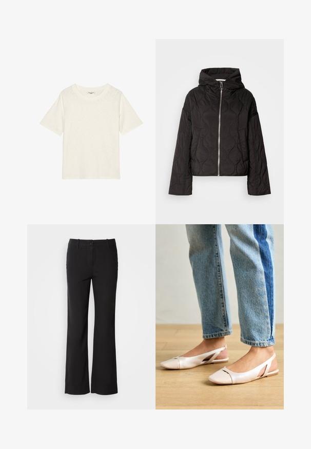 Fekete steppelt dzseki kapucnival, elülső cipzárral és puffadt textúrával. Laza szabású, oldalsó zsebekkel tervezve.; Szója színű, rövid ujjú póló, puha, struktúrált anyagból, kerek nyakkivágással és laza szabással. Nincsenek logók vagy további részletek.; Fekete pamut keverék nadrág egyenes szárú dizájnnal, elülső gombos záródással és két oldalsó zsebbel. Simára kialakított textúra, nincs látható minta.; Világos rózsaszín slingback laposlábú cipők, hegyes orral, sima bőrhatású anyagból készült. Oldalt kivágott részletek találhatók rajta, valamint lapos sarkú.