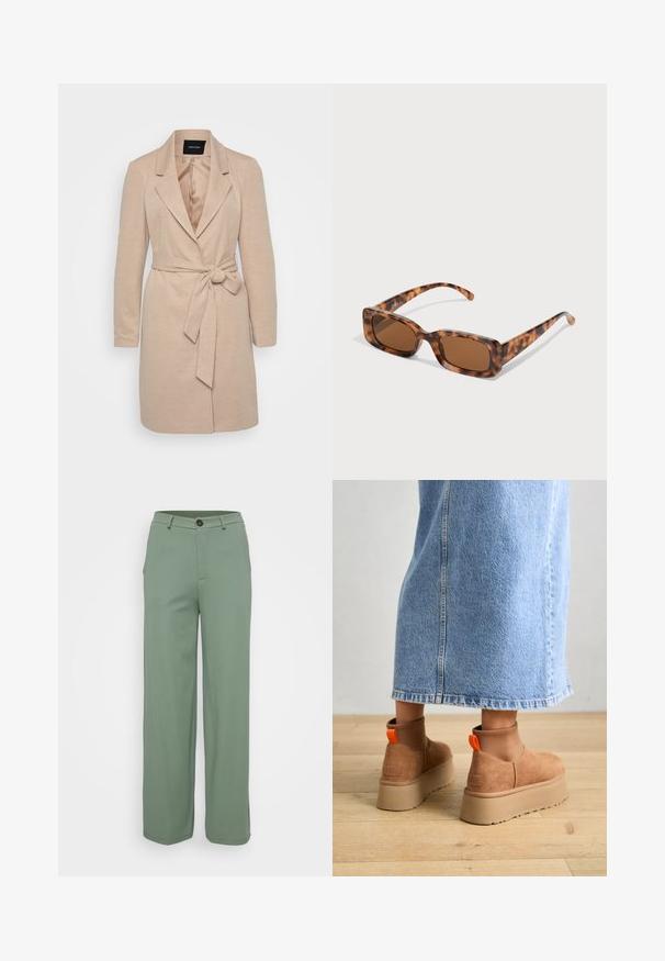 Casaco bege de tecido envolvente com mangas longas, lapelas recortadas e cinto amarrado na cintura. Tecido texturizado com um forro interno suave.; Even&Odd Petite 3 PACK - Camisola de manga comprida - black/white/light green; Calças de perna larga em tecido verde claro com uma textura suave. Apresenta um fecho frontal com botão e dois bolsos laterais.; Botas plataforma em camurça castanha com painéis laterais elásticos e puxadores laranja, combinadas com uma saia de ganga clara até ao joelho, em um chão de madeira.; Uns óculos de sol de padrão tartaruga com lentes retangulares castanhas, uma armação grossa e hastes finas com um padrão de diferentes tons de castanho.