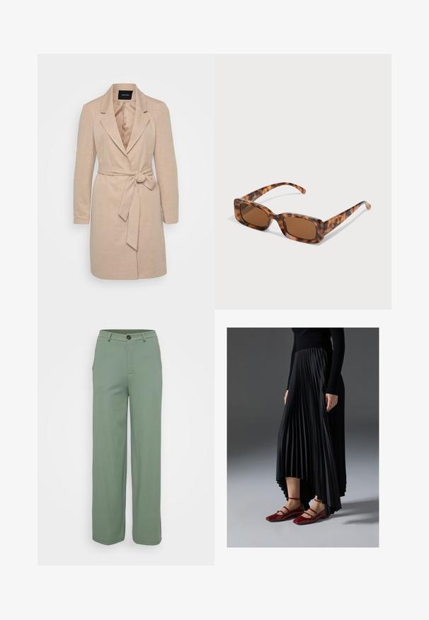 Beige wrap coat with long sleeves, notched lapels, and a tied waist belt. Textured fabric with a smooth inner lining.; Even&Odd Petite 3 PACK - Long sleeved top - black/white/light green; Wide-leg trousers in a light green fabric with a smooth texture. Features a front button closure and two side pockets.; Black pleated skirt with a high-low hem, paired with glossy red flats featuring a strap design. The fabric has a smooth texture.; Tortoiseshell sunglasses with rectangular brown lenses, a thick frame, and slim arms featuring a pattern of varying shades of brown.; Silver hoop earrings, featuring a smooth, polished finish. Two pairs with a slightly different size. Simple, circular design, lightweight.