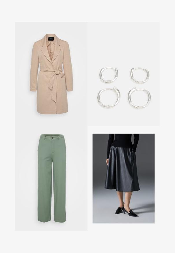 Bež plašč z dolgimi rokavi, z navihanim ovratnikom in zavezanim pasom. Teksturiran material s gladko notranjo podlogo.; Even&Odd Petite 3 PACK - Majica z dolgimi rokavi - black/white/light green; Hlače širokega kroja iz svetlo zelene tkanine z gladko teksturo. Imajo sprednje zapiranje na gumb in dva stranska žepa.; Črna usnjena midi krila z gladko teksturo; vsebuje pas in stranske žepke. Kombinirana z sijočimi črnimi čevlji na peto.; Srebrne obročaste uhane z gladko, polirano površino. Dva para z rahlo različnimi velikostmi. Preprost, krožen oblikovanje, lahki.