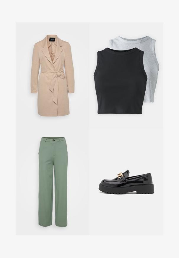 Bež plašč z dolgimi rokavi, z navihanim ovratnikom in zavezanim pasom. Teksturiran material s gladko notranjo podlogo.; Even&Odd Petite 2 PACK - Top - light grey/black; Hlače širokega kroja iz svetlo zelene tkanine z gladko teksturo. Imajo sprednje zapiranje na gumb in dva stranska žepa.; Črni lakirani usnjeni loafers s debelim črnim podplatom in zlato kovinsko opremo. Gladka tekstura in zasnova zaokroženega nosu.