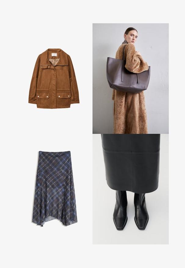 Brązowa kurtka z faux zamszu z kołnierzem, zapinana na zamek z przodu, z dwoma kieszeniami na piersi i dwiema niższymi kieszeniami z klapą. Gładka tekstura i luźny krój.; Czarny sweter z golfem i prążkowanym wzorem, z długimi rękawami i dopasowanym krojem. Tekstura jest gładka z poziomym prążkowanym wzorem.; Czarna spódnica w kratę z niebieskimi i brązowymi liniami, o zwiewnym fasonie, midi długości, wykonana z lekkiego materiału o gładkiej fakturze.; Czarne skórzane botki z wysoką cholewką, o kwadratowym nosku i bocznym zamku błyskawicznym. Gładka tekstura i minimalna ilość elementów metalowych; zestawione ze skórzaną czarną spódnicą.; Duża, fakturowana torba tote w ciemnym brązie z dwoma długimi uchwytami. Torba charakteryzuje się minimalistycznym wzornictwem oraz przeszyciami dla dodania detali.