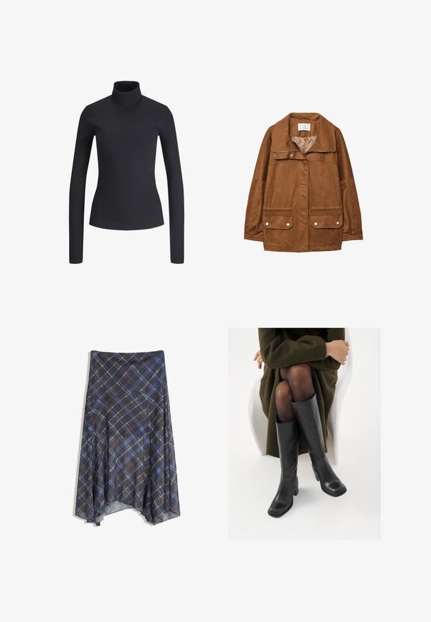 Ruskea tekonahkainen takki, jossa on kaulus, vetoketju edessä, kaksi rintataskua ja kaksi alareunan taskua läpällä. Pehmeä pinta ja rento istuvuus.; Musta ribbed turtleneck-paita pitkillä hihoilla. Slim fit, pehmeä tekstuuri ja korkeakaula-aukko. Ei näkyviä kuvioita tai metalliosia. Yksinkertainen muotoilu.; Mustahuivi hame, jossa on sinisiä ja ruskeita viivoja, virtaava muotoilu, keskipituinen, valmistettu kevyestä kankaasta, jolla on sileä texuuri.; Polvisuoja mustat nahastossud, millel on ruudukujuline varvas ja plokk-kints, on esitatud mudeli seljas, kes istub oliivrohelises mantlis. Sile tekstuur, minimaalne detailitus.