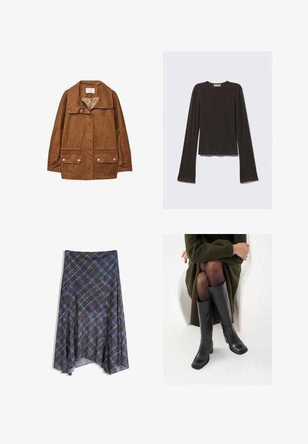 Brązowa kurtka z faux zamszu z kołnierzem, zapinana na zamek z przodu, z dwoma kieszeniami na piersi i dwiema niższymi kieszeniami z klapą. Gładka tekstura i luźny krój.; Ciemnoszara bluzka z długim rękawem, wykonana z miękkiego materiału. Posiada okrągły dekolt, dopasowany fason oraz rozszerzane rękawy o gładkiej teksturze.; Czarna spódnica w kratę z niebieskimi i brązowymi liniami, o zwiewnym fasonie, midi długości, wykonana z lekkiego materiału o gładkiej fakturze.; Kozaki skórzane do kolan w kolorze czarnym, z kwadratowym noskiem i słupkowym obcasem, pokazane na modelce siedzącej w oliwkowej zielonej kurtce. Gładka tekstura, minimalne detale.