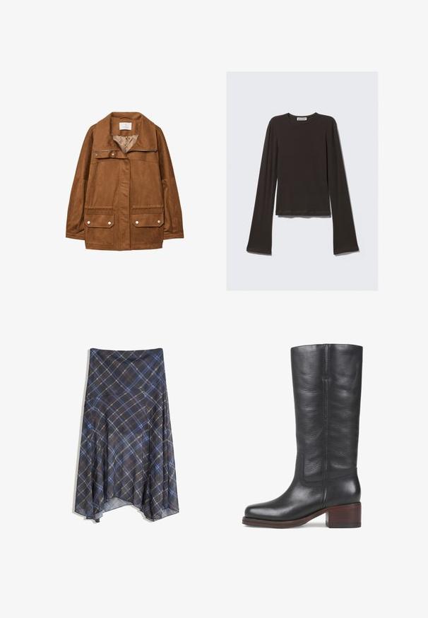 Brązowa kurtka z faux zamszu z kołnierzem, zapinana na zamek z przodu, z dwoma kieszeniami na piersi i dwiema niższymi kieszeniami z klapą. Gładka tekstura i luźny krój.; Ciemnoszara bluzka z długim rękawem, wykonana z miękkiego materiału. Posiada okrągły dekolt, dopasowany fason oraz rozszerzane rękawy o gładkiej teksturze.; Czarna spódnica w kratę z niebieskimi i brązowymi liniami, o zwiewnym fasonie, midi długości, wykonana z lekkiego materiału o gładkiej fakturze.; Czarne skórzane botki sięgające do kolan o gładkiej fakturze, kwadratowym czubku i niewielkim drewnianym obcasie. Posiadają subtelne przeszycia i boczny szew.