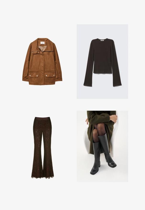 Ruskea tekonahkainen takki, jossa on kaulus, vetoketju edessä, kaksi rintataskua ja kaksi alareunan taskua läpällä. Pehmeä pinta ja rento istuvuus.; Tummanharmaa pitkähihaista paitaa, joka on valmistettu pehmeästä kankaasta. Siinä on pyöreä pääntie, vartalonmyötäinen istuvuus ja leveät hihat, joissa on sileä pinta.; Lace flared pants in a deep burgundy color, featuring a smooth satin waistband and delicate floral lace pattern, with scalloped hem details.; Polvisuoja mustat nahastossud, millel on ruudukujuline varvas ja plokk-kints, on esitatud mudeli seljas, kes istub oliivrohelises mantlis. Sile tekstuur, minimaalne detailitus.