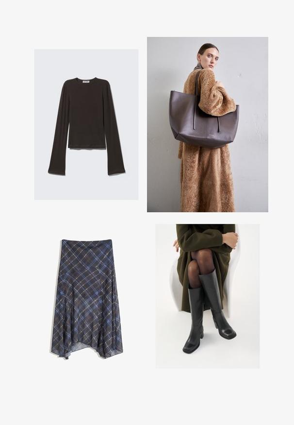 Braune Kunstsuedejacke mit Kragen, Frontreißverschluss, zwei Brusttaschen und zwei unteren Klappentaschen. Glatte Textur und lässige Passform.; Dunkelgraues Langarmshirt aus weichem Stoff. Hat einen Rundhalsausschnitt, einen taillierten Oberkörper und weit geschnittene Ärmel mit glatter Textur.; Schwarzer Karorock mit blauen und braunen Linien, fließendes Design, knielang, aus leichtem Stoff mit glatter Textur.; Knöchelhöhe schwarze Lederstiefel mit quadrater Spitze und Blockabsatz, gezeigt mit einem Modell, das einen olivgrünen Mantel trägt. Glatte Textur, minimale Details.; Große, strukturierte, dunkelbraune Tragetasche mit zwei langen Griffen. Die Tasche hat ein minimalistisches Design und Zierstiche für zusätzliche Details.