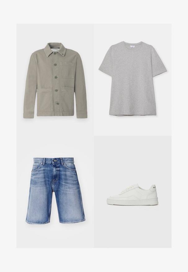 Chaqueta de algodón gris claro con cierre de botones en la parte delantera, botones verdes, cuello con solapa y dos grandes bolsillos frontales además de un bolsillo en el pecho.; Camiseta gris de manga corta hecha de una tela suave y texturizada. Presenta un cuello redondo clásico y un dobladillo recto, adecuada para uso casual.; Shorts de mezclilla en azul claro con áreas desgastadas, con cierre de botón, dos bolsillos frontales y costuras en contraste a lo largo de las costuras.; Zapatilla de cuero blanca con un acabado suave, puntera redonda, cordones planos y suela texturizada. Cuenta con un sutil logo en el talón.