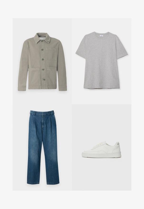 Light gray cotton jacket featuring a button-up front, green buttons, a collared neck, and two large front pockets with a chest pocket.; Gray short-sleeve T-shirt made from soft, textured fabric. Features a classic crew neck and a straight hem, suitable for casual wear.; Blue denim trousers with a straight-leg design, featuring a high waist, front pleats, and a classic button closure. Smooth texture.; White leather sneaker with a smooth finish, round toe, flat laces, and a textured sole. Features a subtle logo on the heel.