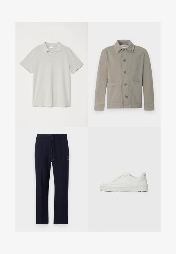Casaco de algodão cinza claro com fecho de botão, botões verdes, gola e dois grandes bolsos frontais, além de um bolso no peito.; Filippa K Polo - green grey; Calças azul-marinho com um corte relaxado, apresentando uma cintura com cordão e bolsos laterais. Tecido suave com pregas frontais subtis e detalhe do logo.; Sapatilha de couro branco com acabamento suave, bico redondo, atacadores planos e uma sola texturizada. Apresenta um logotipo discreto no calcanhar.