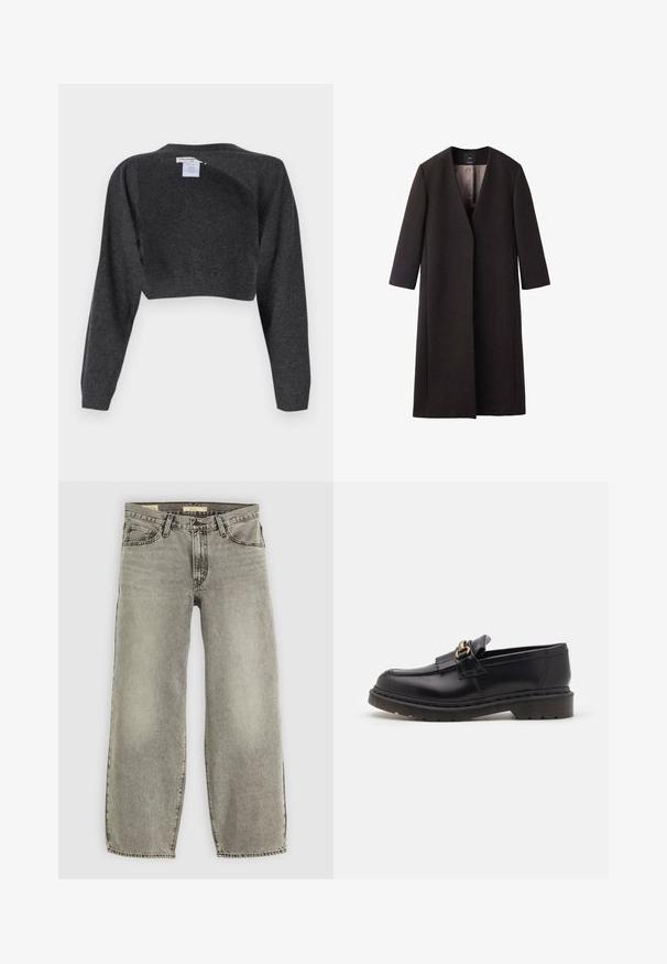 Dlhý, tmavohnedý kabát s V-výstrihom, rovnym strihom a trojštvrťovými rukávmi. Hladká textúra s minimalistickým dizajnom a bez viditeľných kovových prvkov.; pure cashmere BOLERO TWO-WAY - Svetrík - graphite; Biele oversized tričko vyrobené z bavlny, s krátkymi rukávmi, okrúhlym výstrihom a rovnom lemom bez akýchkoľvek vzorov alebo akcentov.; Svetlošedé, široké džínsy vyrobené z denimu. Majú tradičnú päticu vreciek a mierne zosvetlenie po celom materiáli.; Čierne kožené mokasíny s okrúhlou špičkou, dekoratívnym strapcom a zlatými kovovými detailmi. Hrubá gumová podrážka pre lepšiu trakciu a odolnosť.