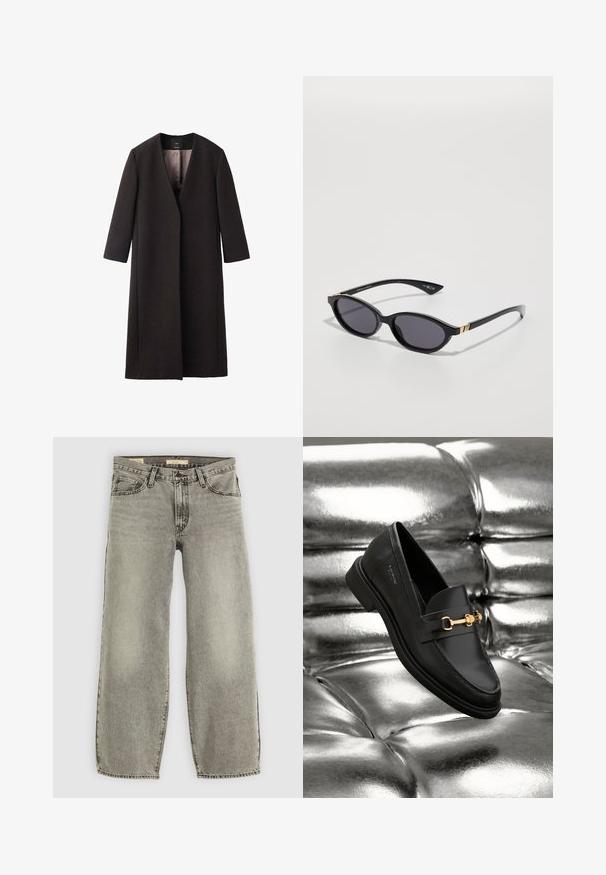 Dlouhý, tmavě hnědý kabát s výstřihem do V, rovného střihu a tříčtvrtečními rukávy. Hladká textura s minimalistickým designem a žádným viditelným kováním.; Bílý oversize tričko z bavlny, s krátkými rukávy, kulatým výstřihem a rovním lemem, bez jakýchkoli vzorů nebo akcentů.; Světlé šedé džíny širokého střihu vyrobené z denimu. Mají tradiční pětikusový design a mírné vyblednutí po celém materiálu.; Černé kožené loafery s detaily zlatého kovu. Obuv má elegantní design a hladký, lesklý povrch.; Černé sluneční brýle s oválnými čočkami, tmavým gradientním zabarvením a štíhlými rameny s jemnými zlatými akcenty. Hladký plastový povrch.