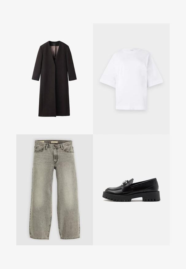 Cappotto lungo, marrone scuro, con scollatura a V, taglio dritto e maniche a tre quarti. Tessuto liscio con design minimalista e senza hardware visibile.; T-shirt bianco oversize in cotone, con maniche corte, scollo rotondo e orlo dritto, privo di motivi o dettagli.; Jeans grigi chiaro a gamba larga realizzati in denim. Presentano un classico design a cinque tasche e una leggera scoloritura su tutta la superficie.; Mocassini in pelle nera con suola spessa e scanalata e un accento in metallo sulla fibbia della cinghia. Texture liscia, design classico.