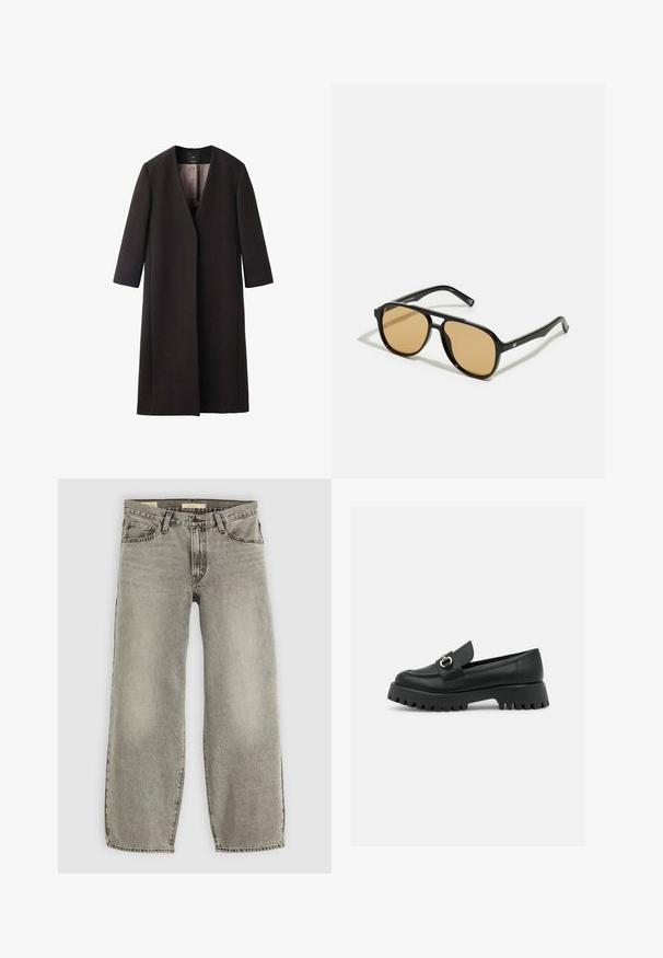 Long, dark brown coat with a V-neckline, straight cut, and three-quarter sleeves. Smooth texture with minimalistic design and no visible hardware.; White oversized t-shirt made of cotton, featuring short sleeves, a round neckline, and a straight hem without any patterns or accents.; Light gray, wide-leg jeans made of denim. Features traditional five-pocket styling and slight fading throughout the fabric.; Black leather loafers with a rounded toe, featuring a buckle accent and a chunky, treaded sole. Smooth texture with minimal stitching details.; Black sunglasses with brown tinted lenses; rectangular shape with a thick frame, including subtle hardware accents on the temples.