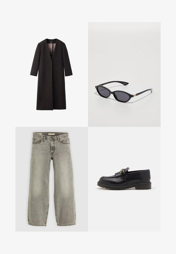 Long, dark brown coat with a V-neckline, straight cut, and three-quarter sleeves. Smooth texture with minimalistic design and no visible hardware.; White oversized t-shirt made of cotton, featuring short sleeves, a round neckline, and a straight hem without any patterns or accents.; Light gray, wide-leg jeans made of denim. Features traditional five-pocket styling and slight fading throughout the fabric.; Black leather loafers with a rounded toe, decorative fringe, and gold hardware accent. Thick rubber sole for added traction and durability.; Black sunglasses with oval lenses, dark gradient tint, and slim arms featuring subtle gold accents. Smooth plastic finish.