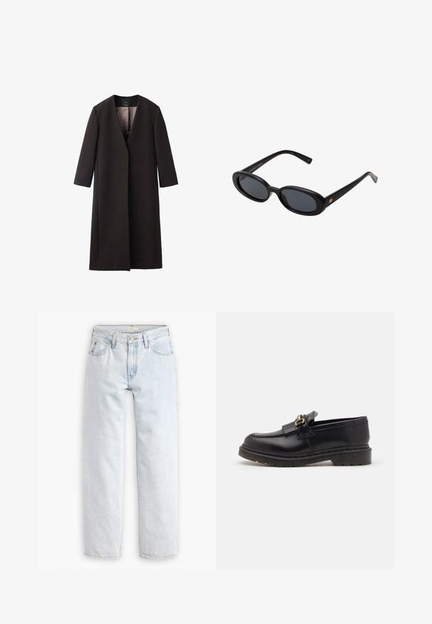 Dolga, temno rjava plašč z V-izrezom, raven kroj in tričetrtinski rokavi. Gladka tekstura z minimalističnim dizajnom in brez vidne kovinske opreme.; Bela oversized majica iz bombaža, s kratkimi rokavi, okroglo ovratnikom in ravnim robom, brez vzorcev ali dodatkov.; Svijetloplave traperice ravnog kroja s visokim strukom, koje imaju pet džepova, prednje kopčanje na dugme i vidljive šavove.; Črne usnjene loafer čevlje z zaobljenim nosom, dekorativno resico in zlatimi okrasnimi elementi. Debel gumijast podplat za dodatno oprijemljivost in vzdržljivost.; Črne oversize sončne očala z ovalnimi lečami, gladkim plastičnim okvirjem in zlatenimi detajli na templjih. Temne leče zagotavljajo zaščito pred soncem.