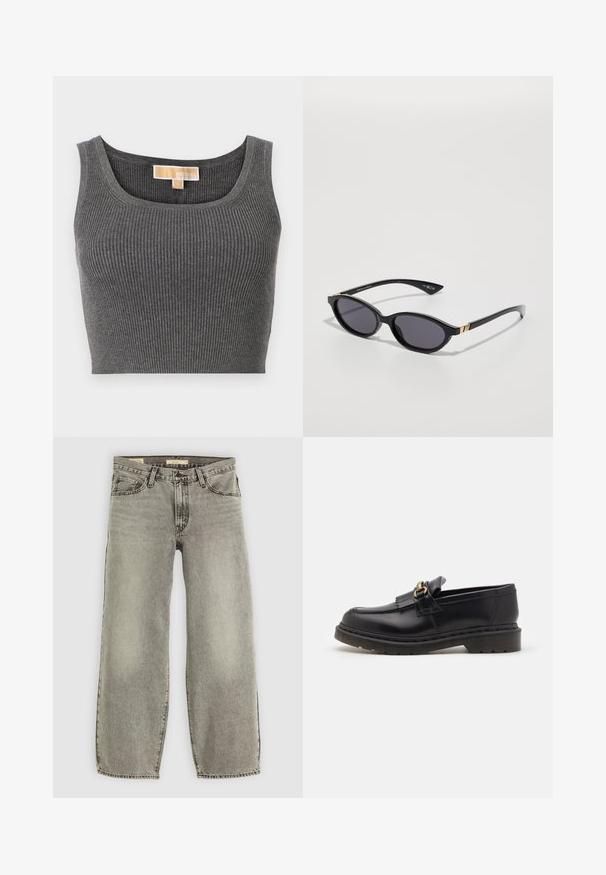Lang, donkerbruin jasje met een V-hals, rechte snit en driekwartmouwen. Gladde textuur met minimalistisch ontwerp en geen zichtbare hardware.; Grijze geribde crop top met een brede ronde halslijn. Heeft een gladde textuur en een label met de tekst "MICHAEL" aan de binnenkant van de halslijn.; Lichtgrijze, ruime jeans gemaakt van denim. Heeft een traditionele vijf-pocketstijl en een lichte vervaging door de stof.; Zwarte leren instappers met een ronde neus, decoratieve franjes en gouden hardwareaccenten. Dikke rubberen zool voor extra grip en duurzaamheid.; Zwarte zonnebril met ovale glazen, donkere verloop-tint en slanke pootjes met subtiele gouden accenten. Glad plastic afwerking.