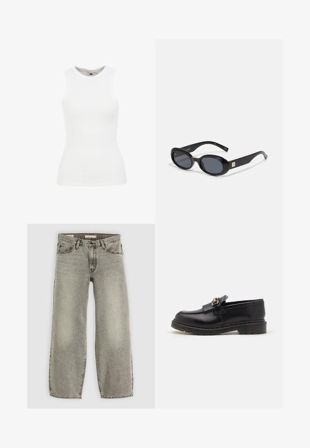 Cappotto lungo, marrone scuro, con scollatura a V, taglio dritto e maniche a tre quarti. Tessuto liscio con design minimalista e senza hardware visibile.; WE Fashion SINGLET - Top - white; Jeans grigi chiaro a gamba larga realizzati in denim. Presentano un classico design a cinque tasche e una leggera scoloritura su tutta la superficie.; Mocassini in pelle nera con punta tonda, frange decorative e dettagli in oro. Suola in gomma spessa per maggiore aderenza e durata.; Occhiali da sole ovali neri con lenti scure, montatura in plastica lucida, aste larghe e un piccolo accent in oro su un lato.; Sciarpa di lana lavorata a maglia di colore marrone chiaro, con una forma arrotondata e estremità legate, caratterizzata da un motivo testurizzato e a coste.