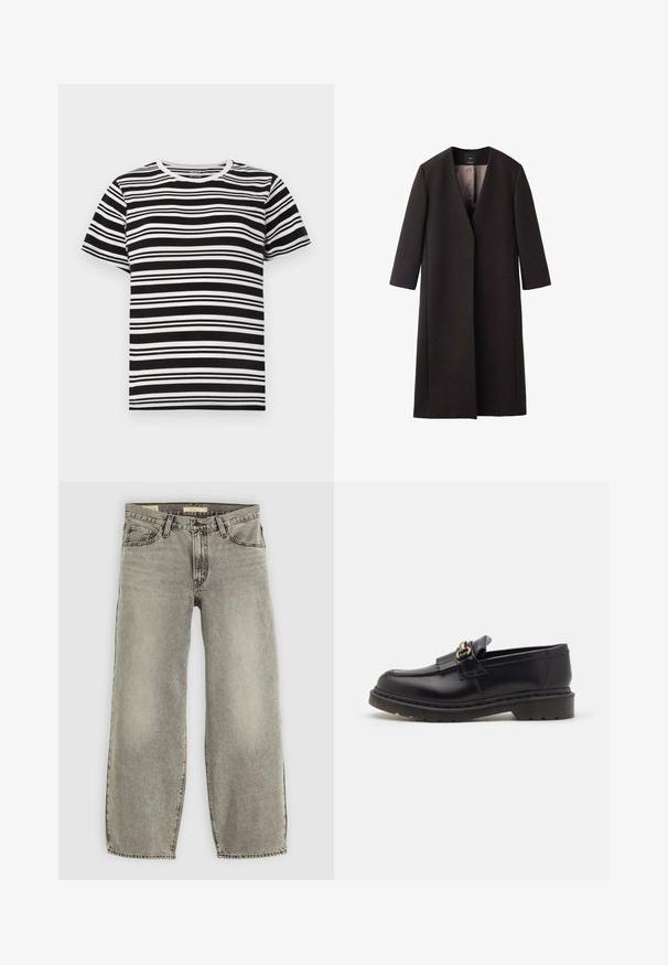 Lång, mörkbrun kappa med V-ringning, rak passform och trekvartslånga ärmar. Slät textur med minimalistisk design och ingen synlig hårdvara.; Svart och vit kortärmad t-shirt med horisontella ränder i varierande bredder och en klassisk rund halsringning. Tillverkad av mjuk bomull.; Ljusgrå, vida jeans i denim. Har traditionell femficksdesign och en lätt blekning över hela tyget.; Svarta läder loafers med rund tå, dekorativ frans och detaljer i guld. Tjock gummisula för ökad grepp och hållbarhet.