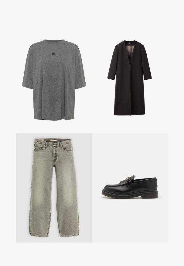 Dlhý, tmavohnedý kabát s V-výstrihom, rovnym strihom a trojštvrťovými rukávmi. Hladká textúra s minimalistickým dizajnom a bez viditeľných kovových prvkov.; Šedé oversize tričko vyrobené z mäkkej látky. Má okrúhly výstrih, krátke rukávy a jemné logo na strede.; Svetlošedé, široké džínsy vyrobené z denimu. Majú tradičnú päticu vreciek a mierne zosvetlenie po celom materiáli.; Čierne kožené mokasíny s okrúhlou špičkou, dekoratívnym strapcom a zlatými kovovými detailmi. Hrubá gumová podrážka pre lepšiu trakciu a odolnosť.